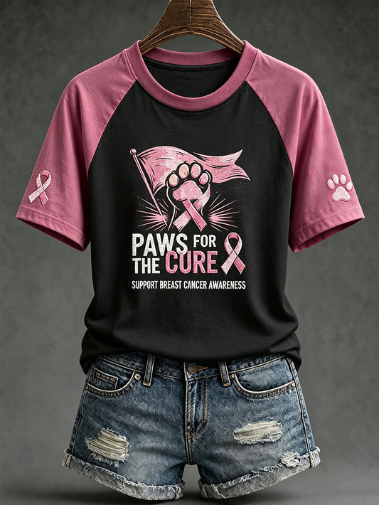 Women's Breast Cancer Theme Cute Dog Paw Pattern Printed Casual Short Sleeve T-Shirt
