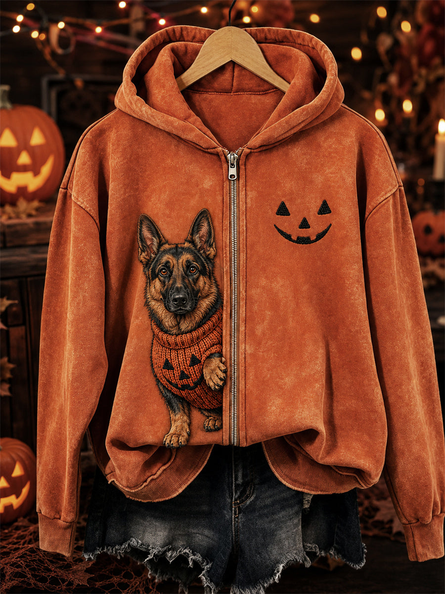 Women's Halloween Peeking German Shepherd Dog & Pumpkin Face Print Full Zip Hoodie