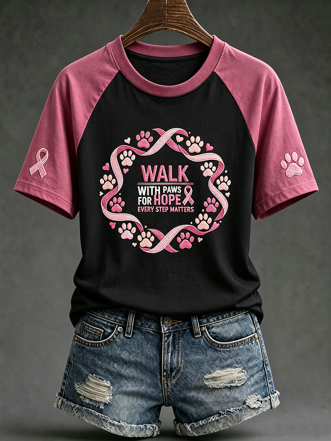 Women's Breast Cancer Theme Cute Dog Paw Pattern Printed Casual Short Sleeve T-Shirt