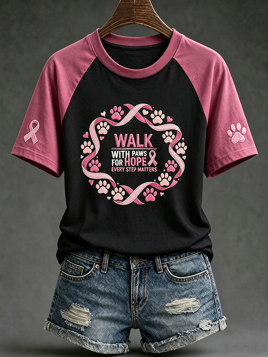 Women's Breast Cancer Theme Cute Dog Paw Pattern Printed Casual Short Sleeve T-Shirt