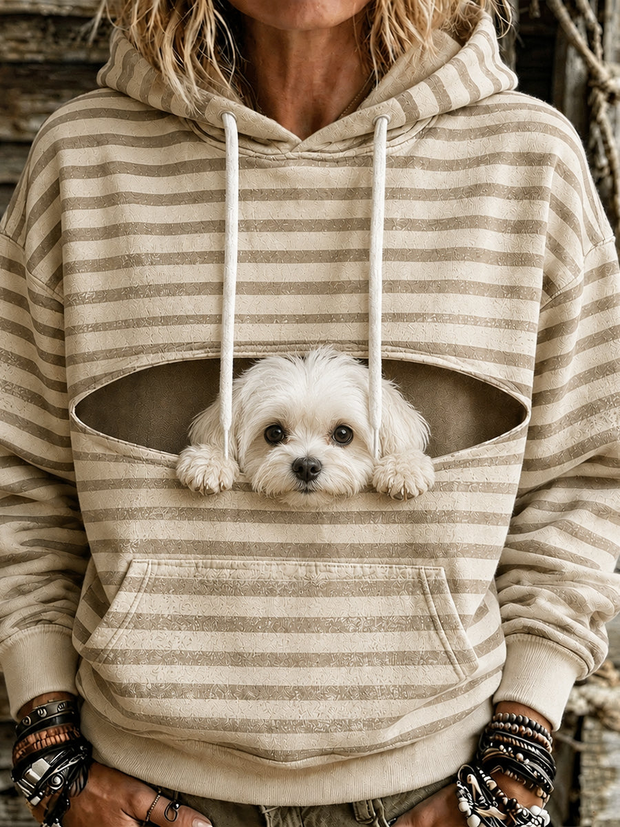 Women's Cute Peeking Maltese Dog Striped Print Comfy Hoodie