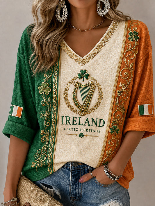 Women's Irish Patriotic Commemoration Pattern Linen V-Neck Shirt