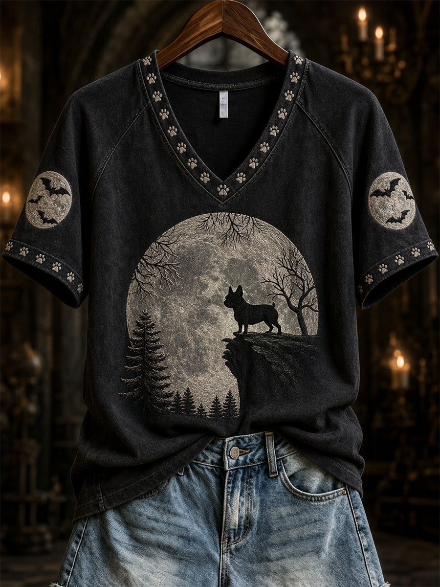 Women's Halloween Bulldog Full Moon Forest Print short-sleeved T-shirt