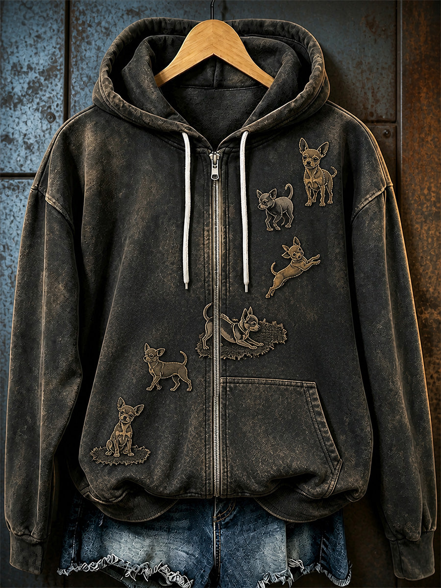 Retro Animal Art Print Casual Zip-Up Hoodie