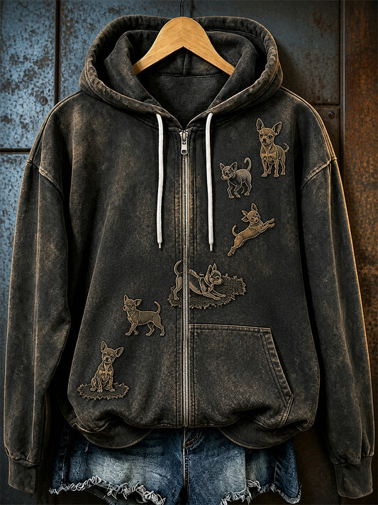 Retro Animal Art Print Casual Zip-Up Hoodie