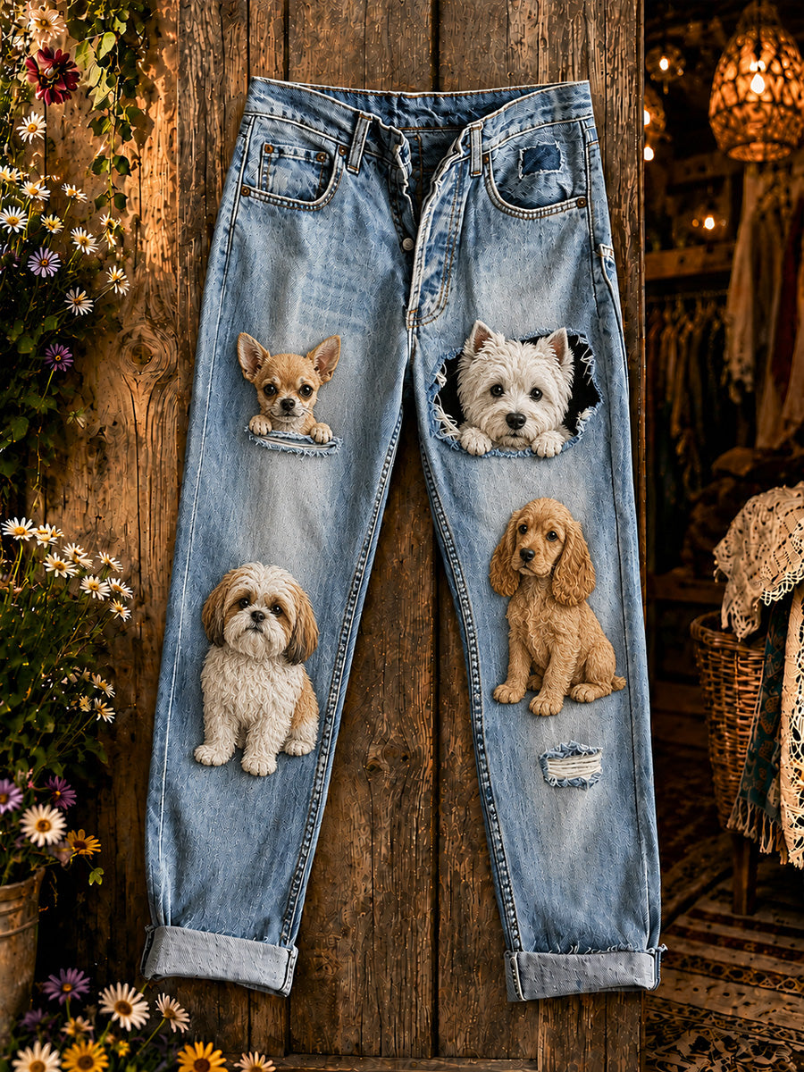 Women's Casual Jeans with Vintage Animal Art Print
