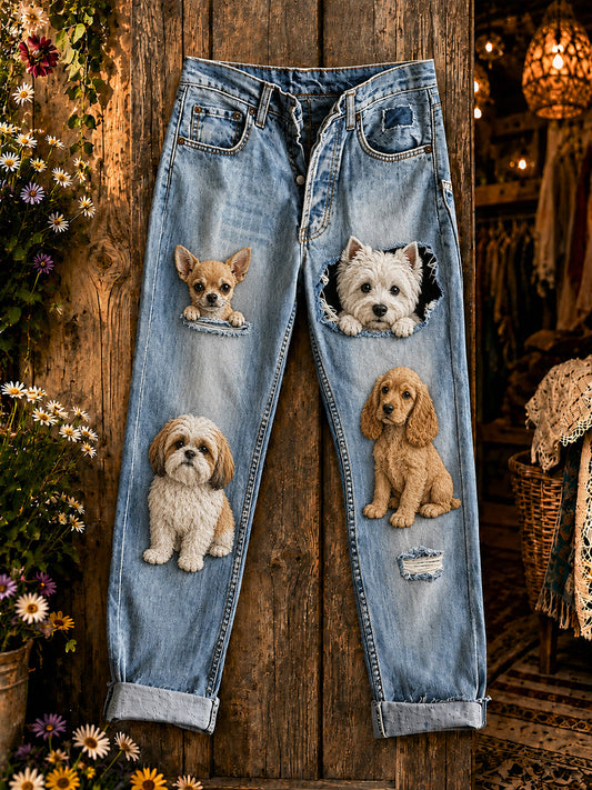 Women's Casual Jeans with Vintage Animal Art Print