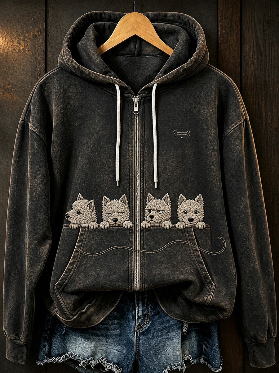 Retro Animal Art Print Casual Zip-Up Hoodie