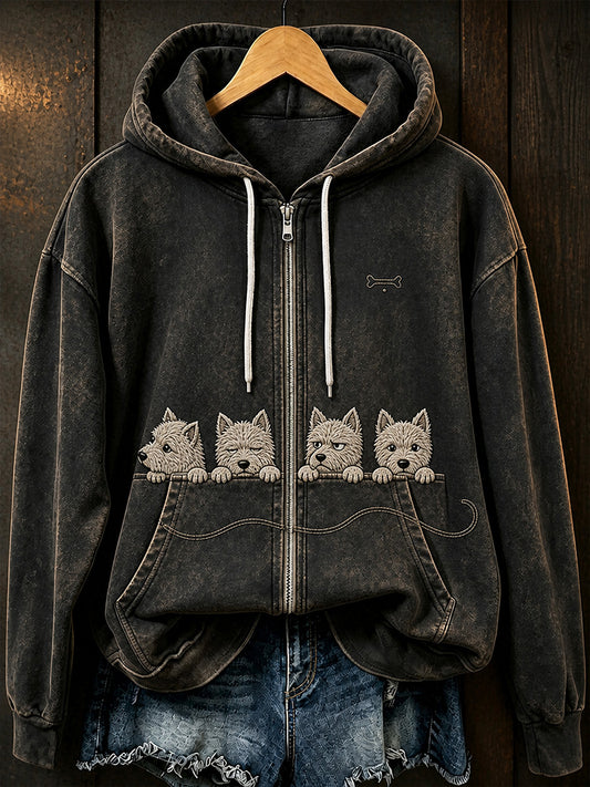Retro Animal Art Print Casual Zip-Up Hoodie