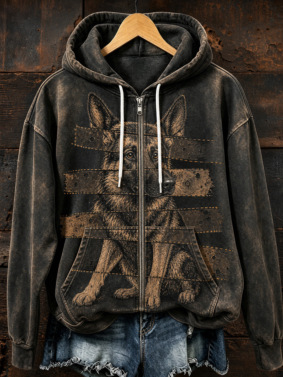 Retro Animal Art Print Casual Zip-Up Hoodie