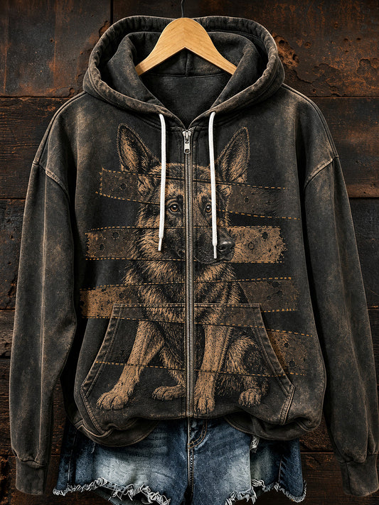 Retro Animal Art Print Casual Zip-Up Hoodie