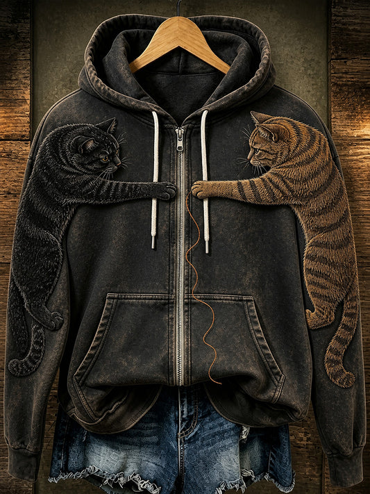 Retro Animal Art Print Casual Zip-Up Hoodie