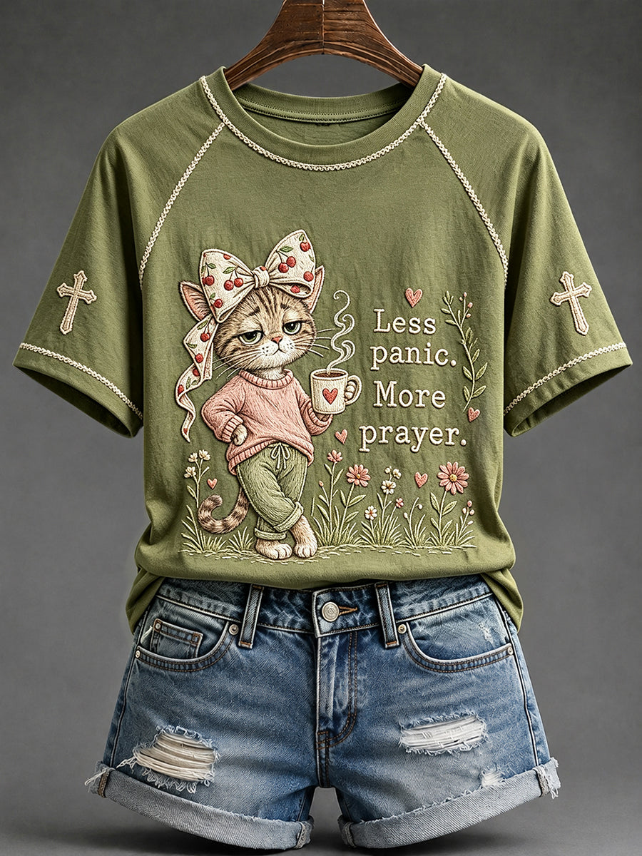 Women's Less Panic More Prayer Cat Print Round Neck Short Sleeve T-shirt