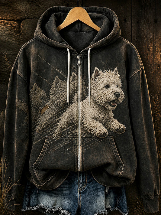 Retro Animal Art Print Casual Zip-Up Hoodie