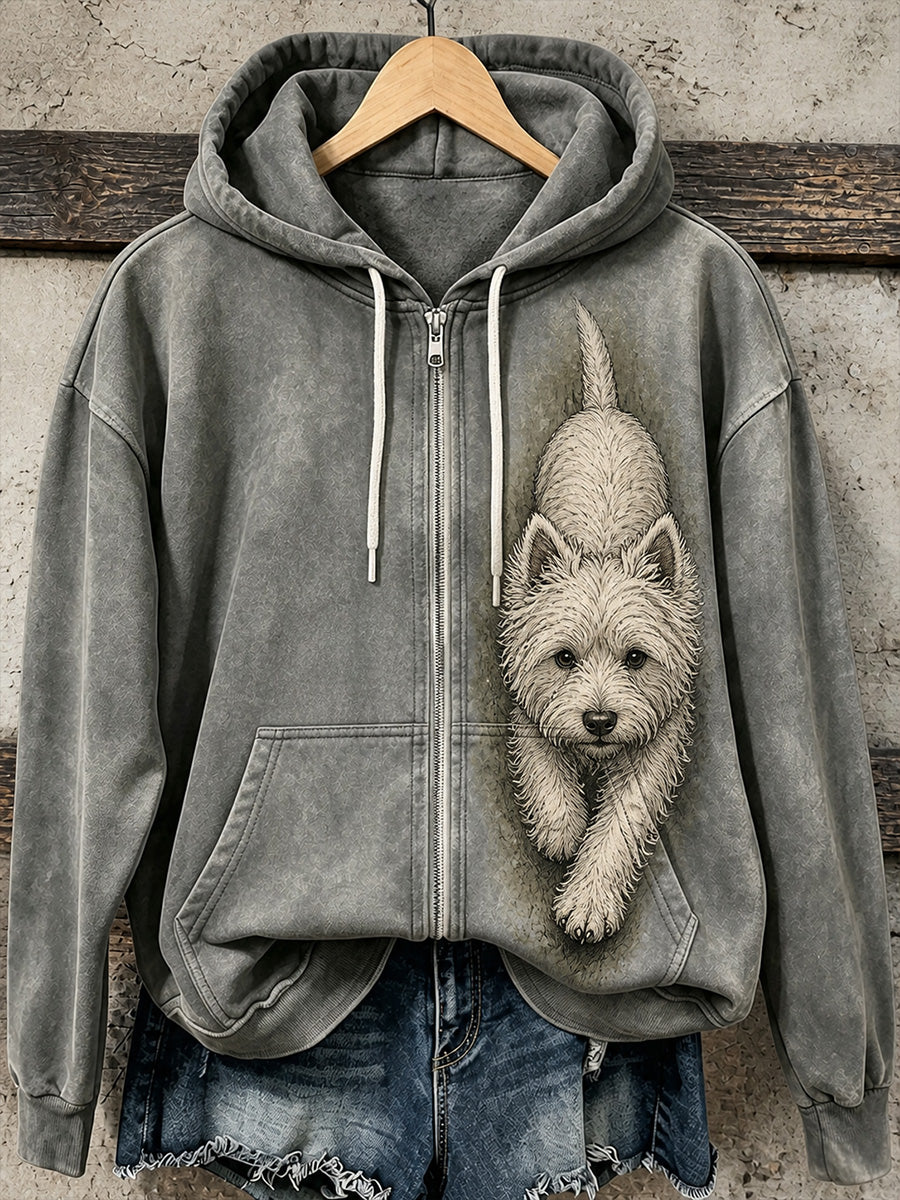 Retro Animal Art Print Casual Zip-Up Hoodie