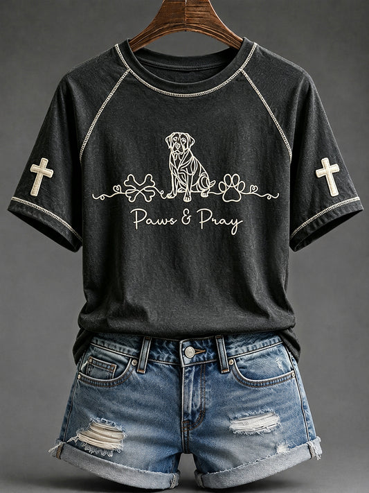 Women's Labrador Retriever Christian Paws & Pray Print Round Neck Short Sleeve T-shirt