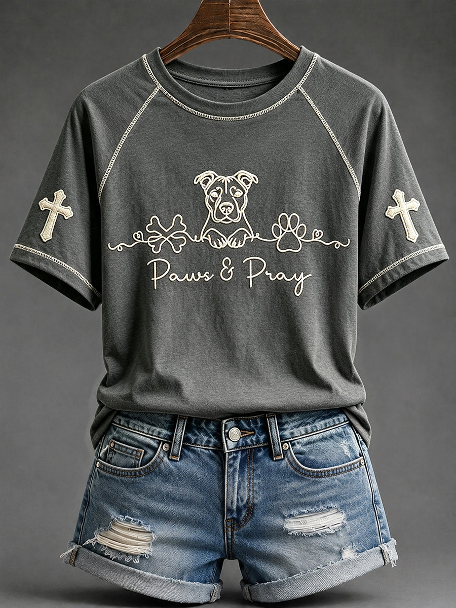 Women's Pit Bull Christian Paws & Pray Print Round Neck Short Sleeve T-shirt