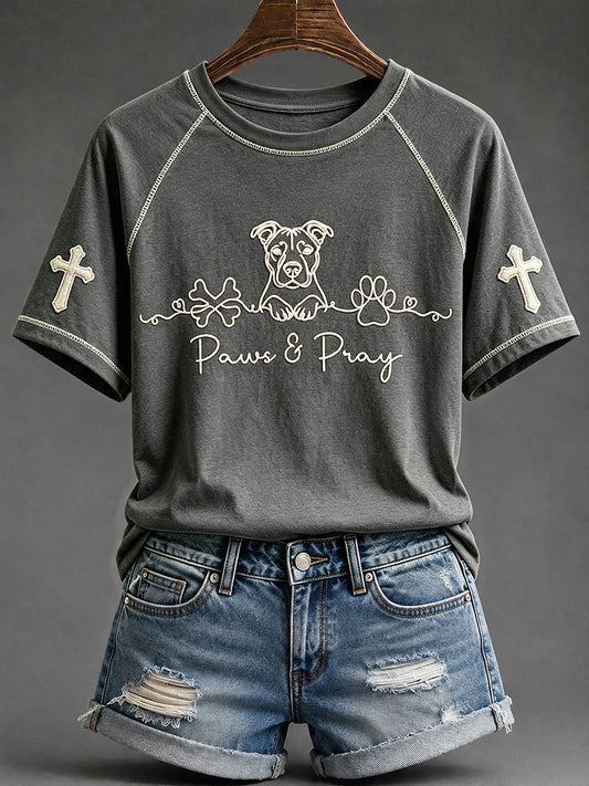 Women's Pit Bull Christian Paws & Pray Print Round Neck Short Sleeve T-shirt