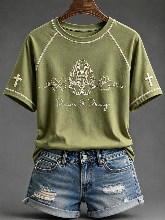 Women's Cocker Spaniel Christian Paws & Pray Print Round Neck Short Sleeve T-shirt