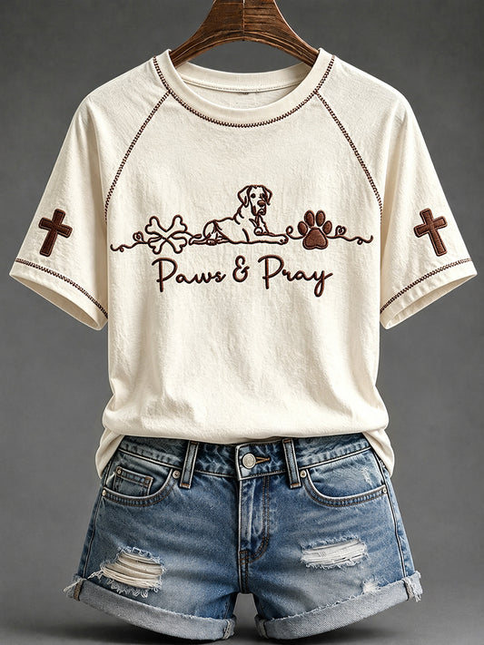 Women's Great Dane Christian Paws & Pray Print Round Neck Short Sleeve T-shirt