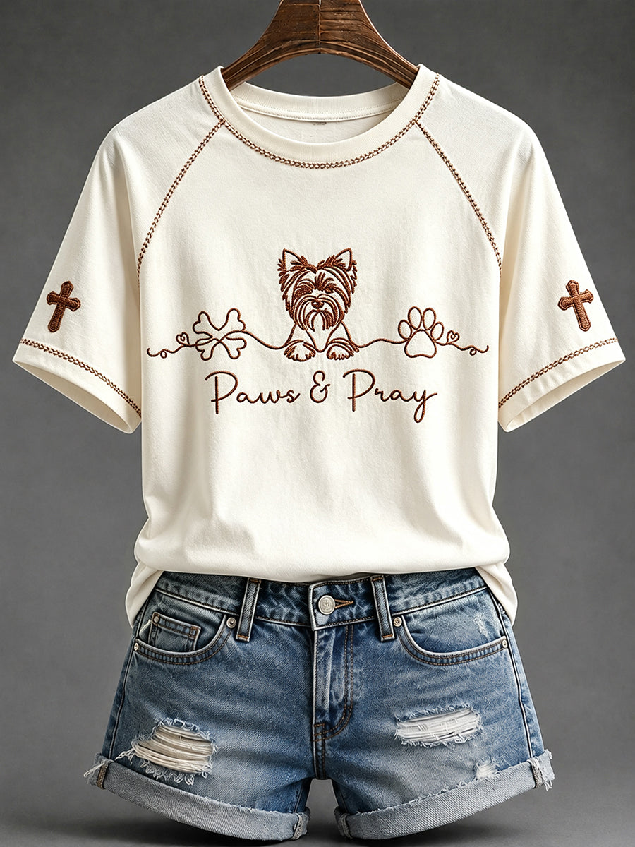 Women's Yorkie Christian Paws & Pray Print Round Neck Short Sleeve T-shirt