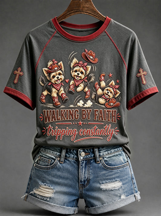 Women's Walking By Faith Yorkie Print Round Neck Short Sleeve T-shirt