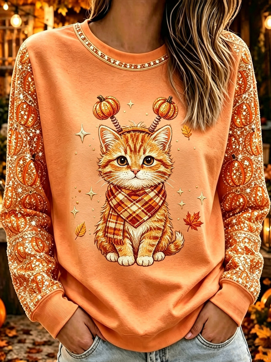 Women's Halloween Cute Animals Cat Printed Crew Neck Casual Long T-shirt