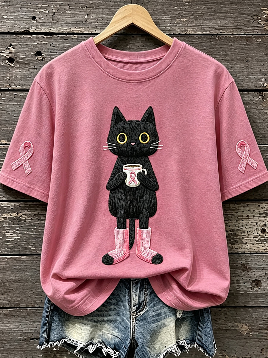Women's Pink Ribbon Cat Print Breast Cancer Awareness Short-sleeved T-shirt
