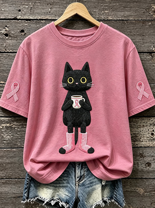 Women's Pink Ribbon Cat Print Breast Cancer Awareness Short-sleeved T-shirt