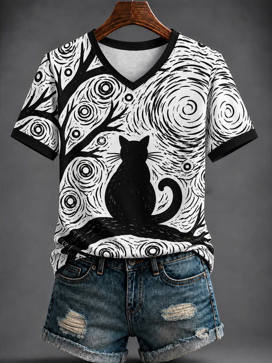 Women's Cat Printed V-neck T-shirt