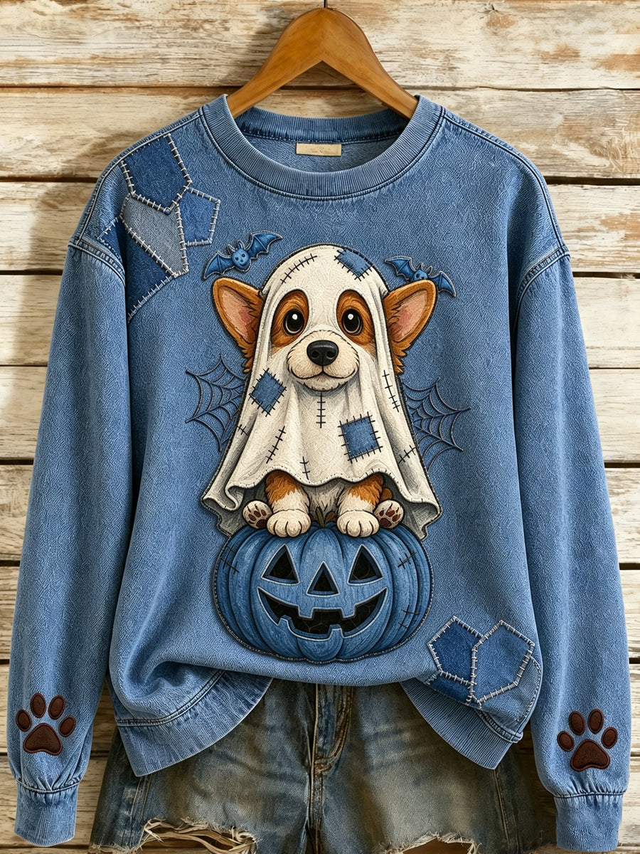 Women's Halloween Cute Animals Dog Printed Round-Neck Long-Sleeved Sweatshirt