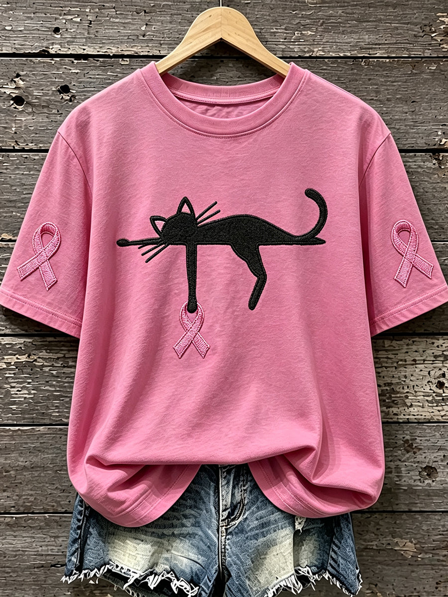 Women's Pink Ribbon Cat Print Breast Cancer Awareness Short-sleeved T-shirt