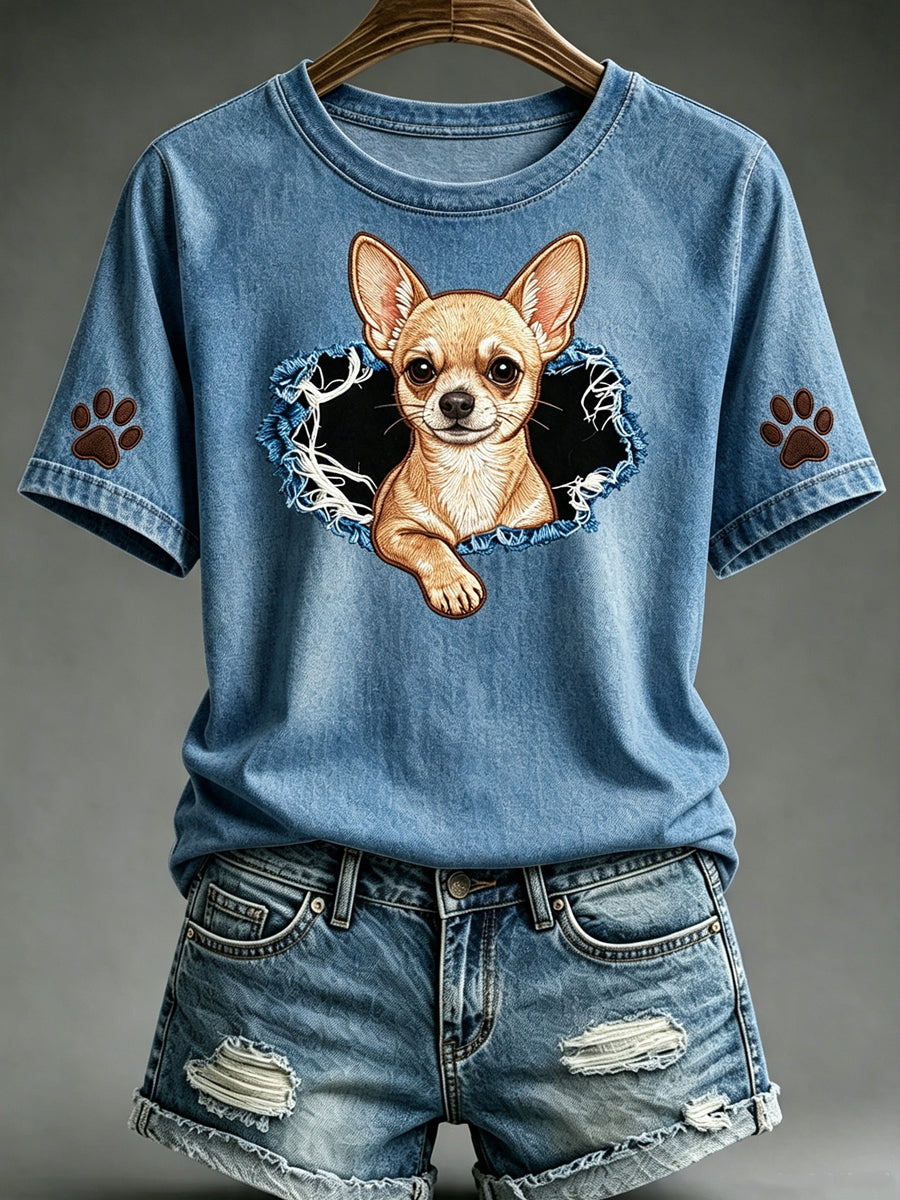 Women's Animals Dog Art Printed Vintage Fashion Loose Short Sleeve T-Shirt