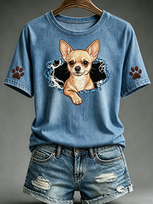 Women's Animals Dog Art Printed Vintage Fashion Loose Short Sleeve T-Shirt