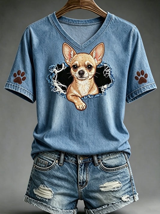 Women's Animals Dog Art Printed Vintage Fashion Loose Short Sleeve T-Shirt