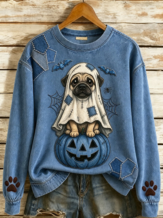 Women's Halloween Cute Animals Dog Printed Round-Neck Long-Sleeved Sweatshirt