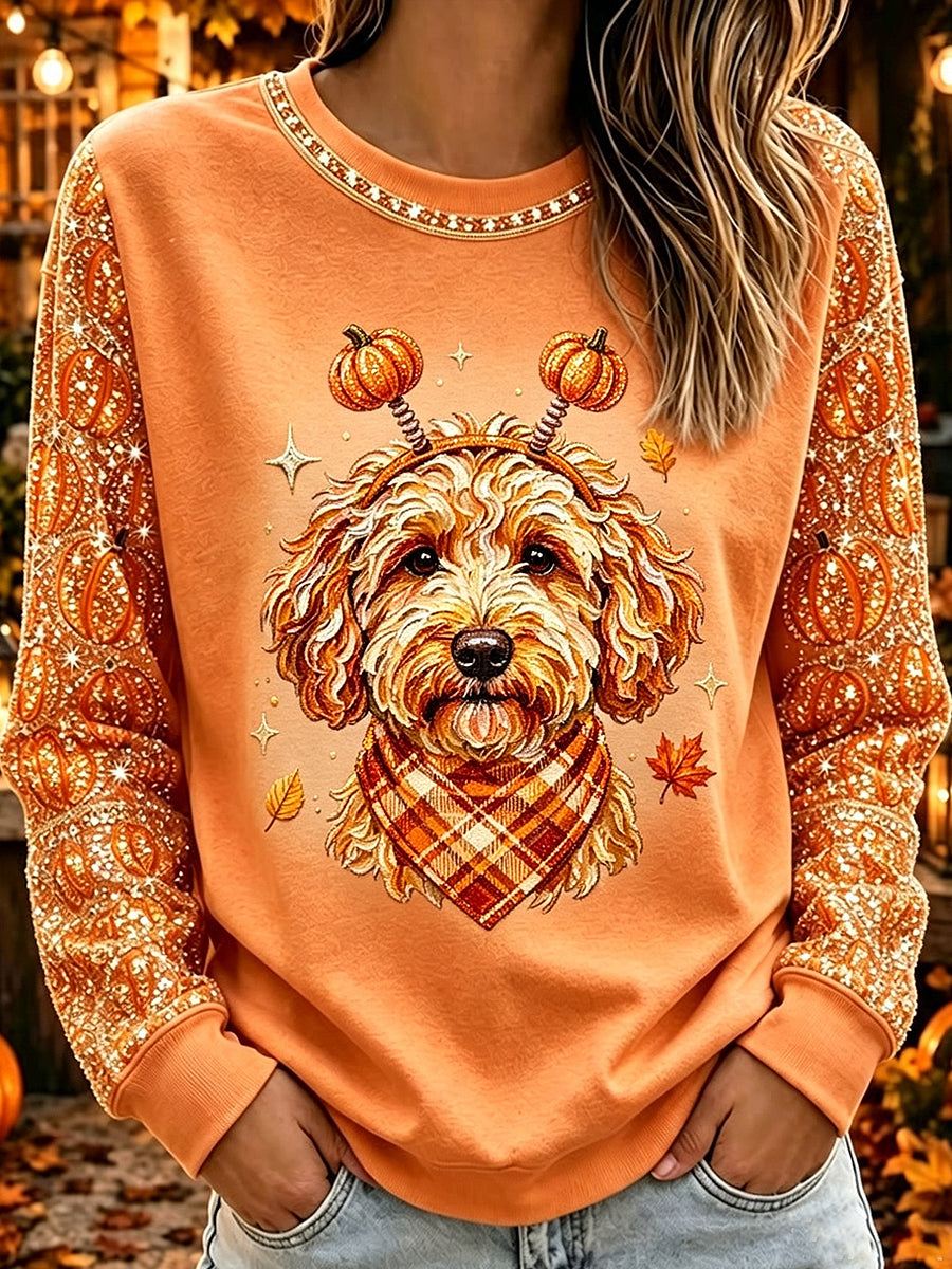 Women's Halloween Cute Animals Dog Printed Crew Neck Casual Long T-shirt