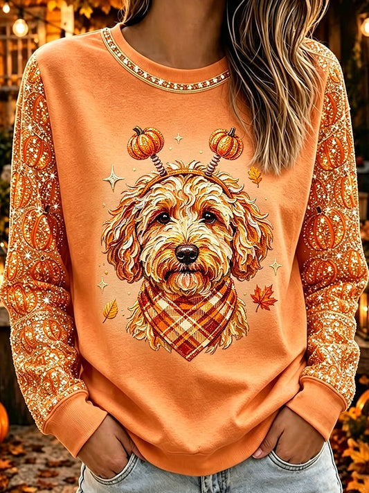 Women's Halloween Cute Animals Dog Printed Crew Neck Casual Long T-shirt