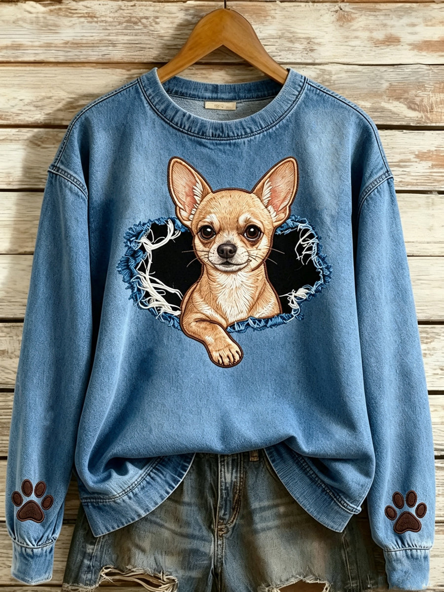Women's Animals Dog Art Printed Round-Neck Long-Sleeved Sweatshirt