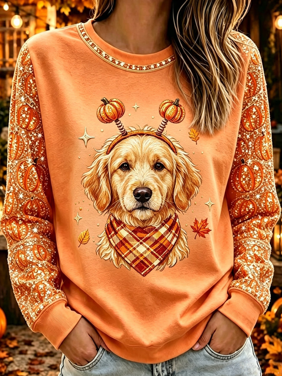 Women's Halloween Cute Animals Dog Printed Crew Neck Casual Long T-shirt