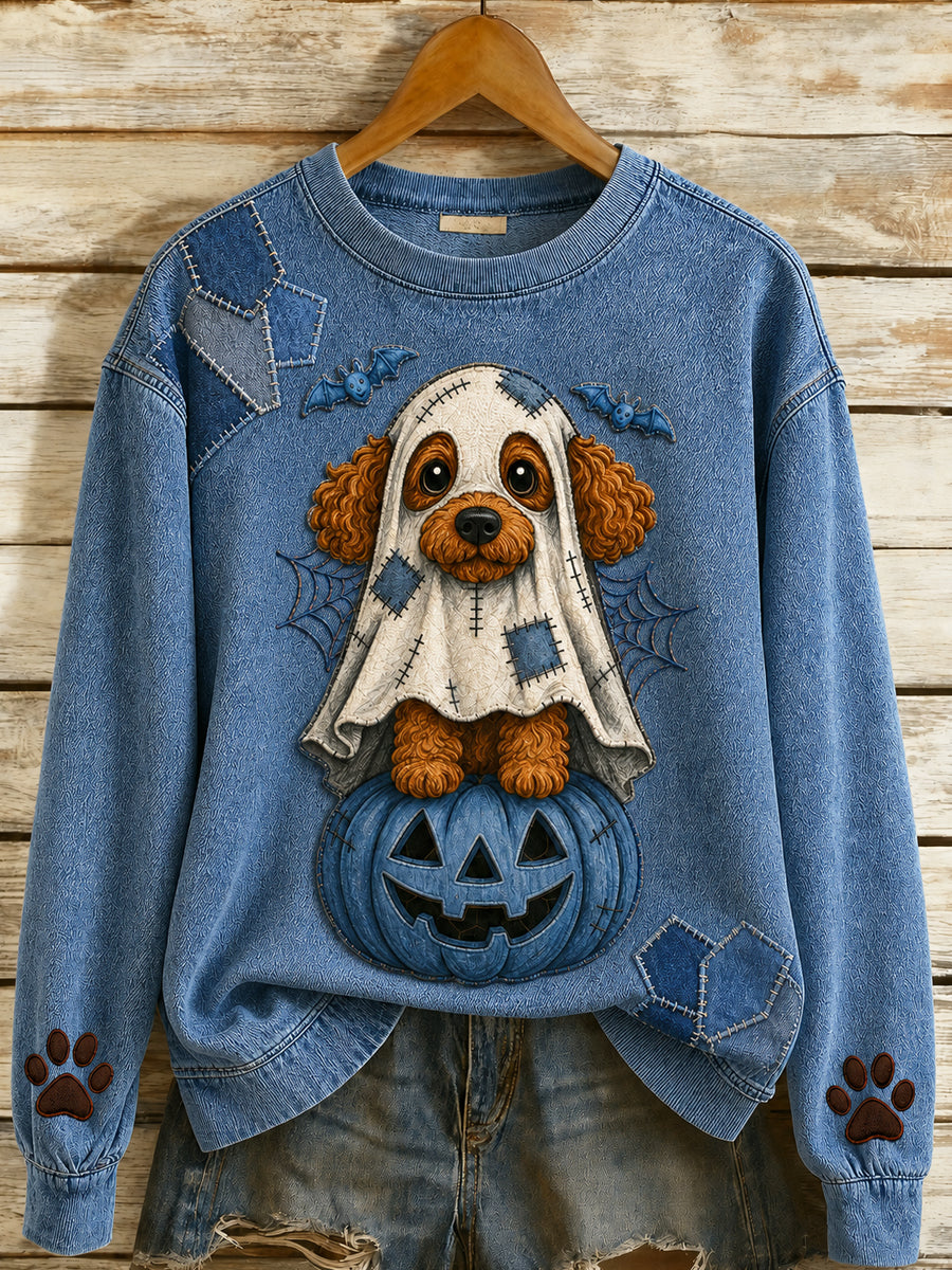 Women's Halloween Cute Animals Dog Printed Round-Neck Long-Sleeved Sweatshirt
