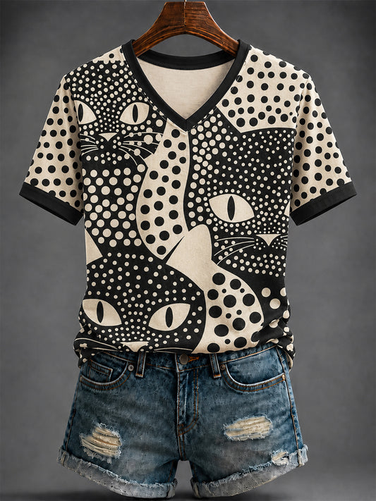 Women's Cat Printed V-neck T-shirt
