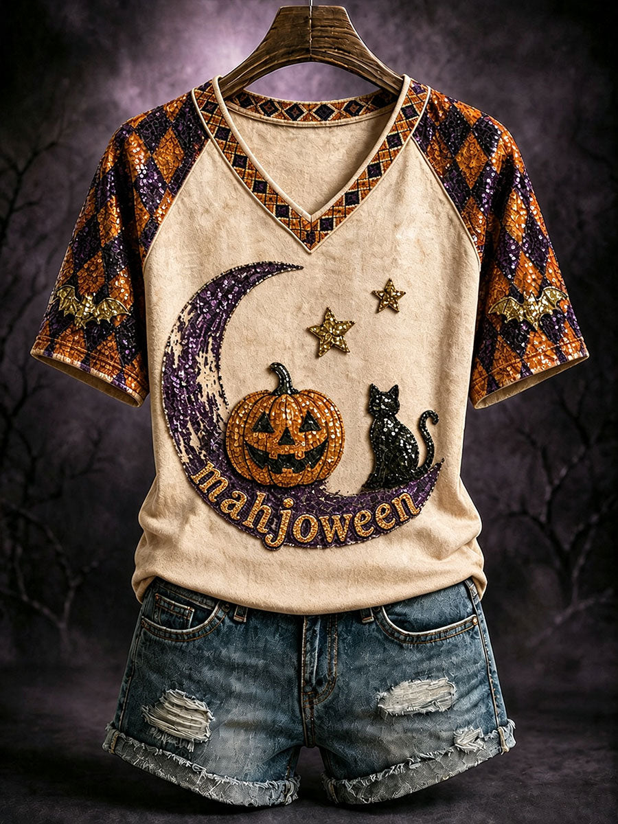 Women's Halloween Black Cat Mahjong V-Neck T-Shirts