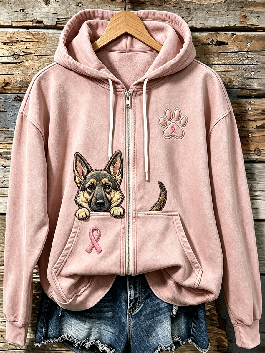 Women's Peeking German Shepherd & Pink Ribbon Paw Print Zip-Up Hoodie