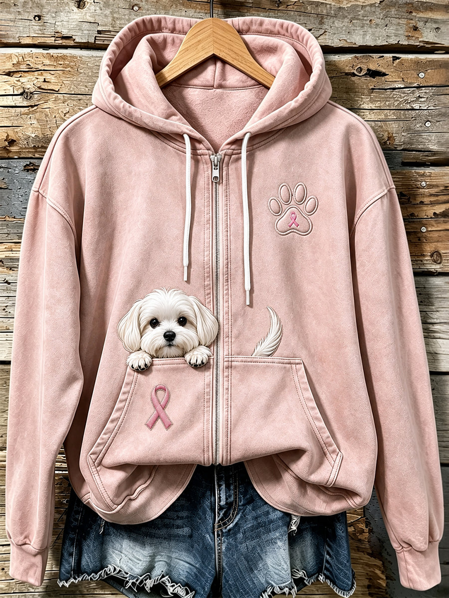 Women's Peeking Maltese Dog & Pink Ribbon Paw Print Zip-Up Hoodie