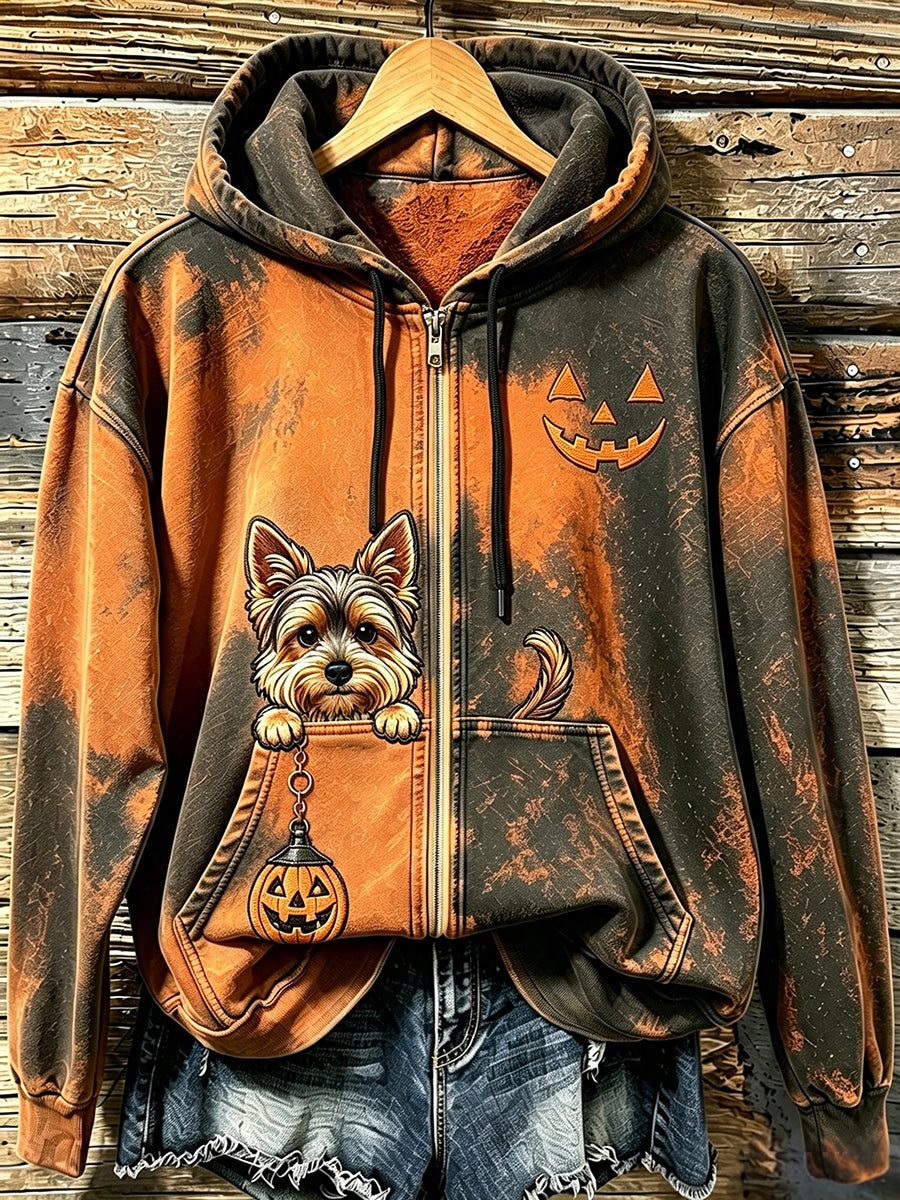 Women's Peeking Yorkshire Terrier & Halloween Pumpkin Face Print Zip-Up Hoodie