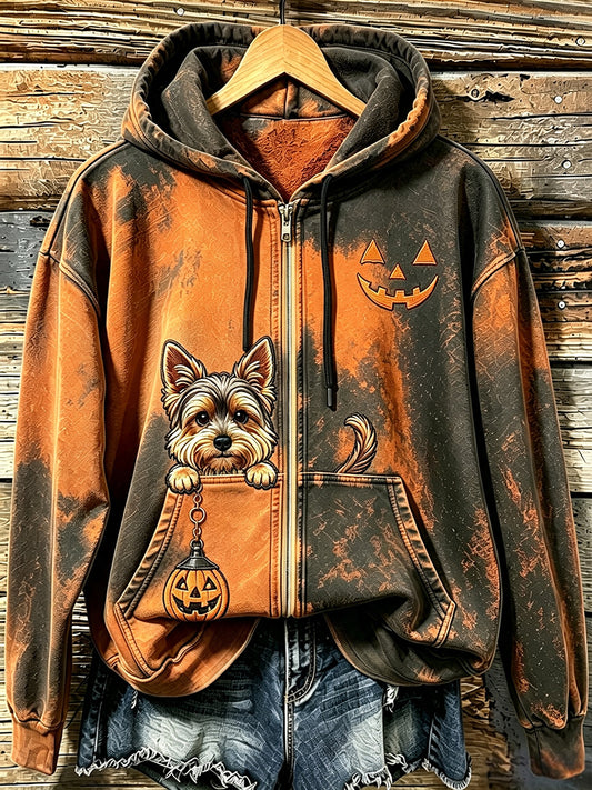 Women's Peeking Yorkshire Terrier & Halloween Pumpkin Face Print Zip-Up Hoodie