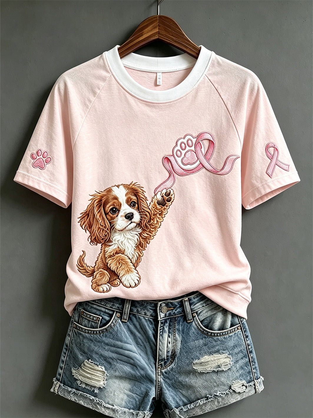 Women's Breast Cancer Theme Cute Dog Pattern Prints Casual Short Sleeve T-shirt
