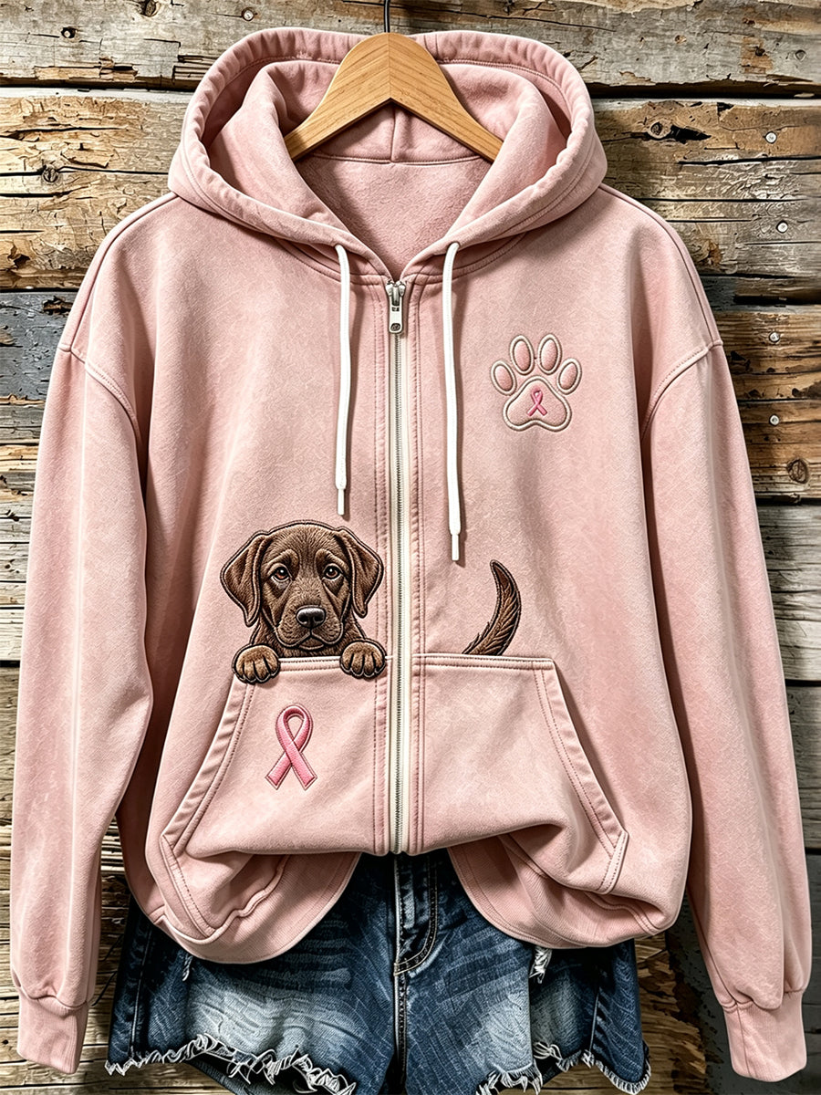 Women's Peeking Chocolate Labrador Retriever & Pink Ribbon Paw Print Zip-Up Hoodie