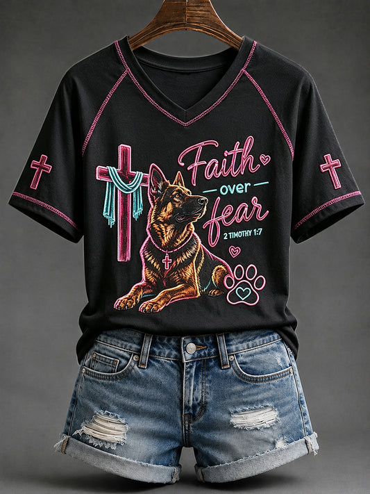 Women's Faith Over Fear German Shepherd Print V-neck Short-sleeved T-shirt